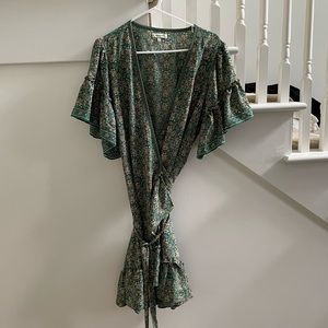 Green Max Studio Crepe Ruffle Sleeve Wrap Dress L